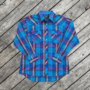 90s Wrangler Men's Blue Plaid Shirt